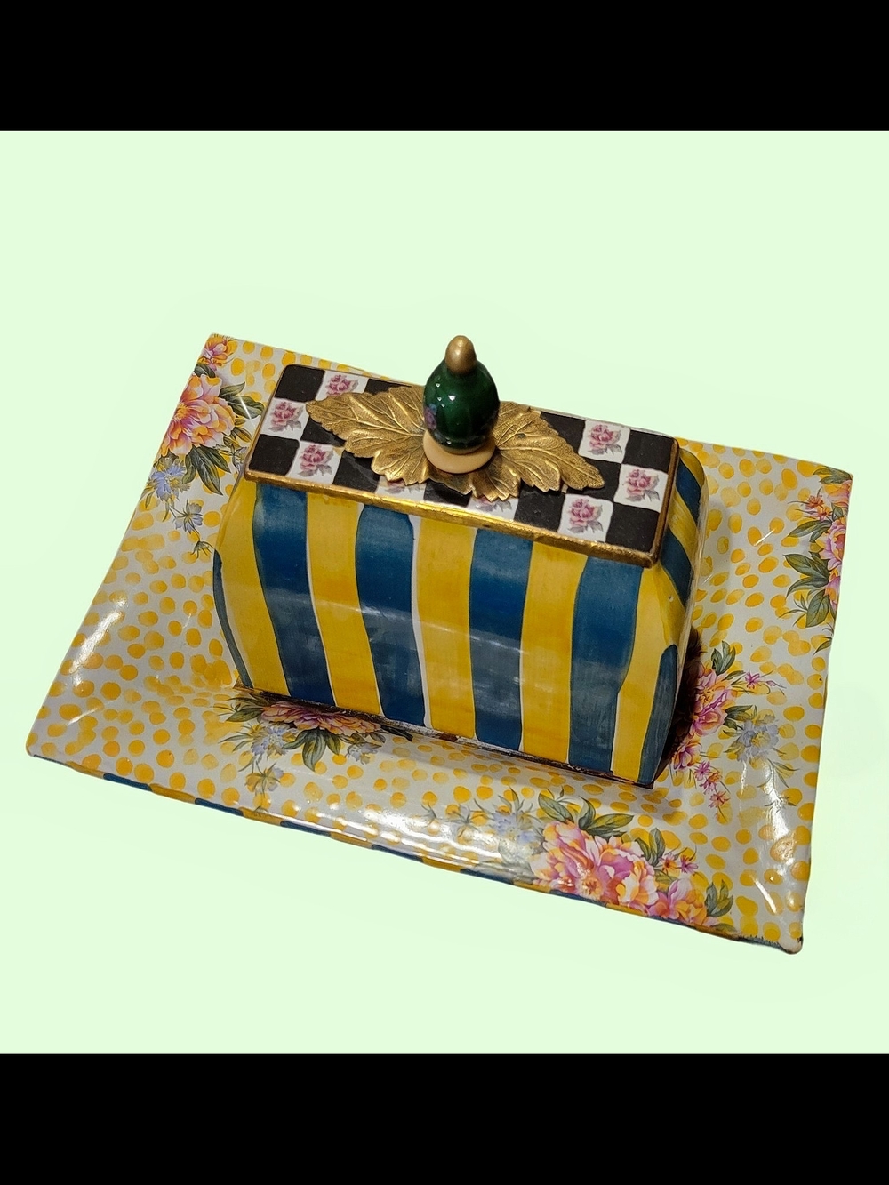 Vintage MacKenzie-Childs Butter Dish wTray Hand Painted Floral Check Stripe Gold
